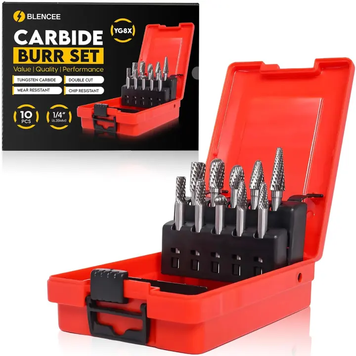 10-Piece Tungsten Carbide Burr Set — 1/4" (6.35mm) Shank, Double-Cut Die Grinder Bits
