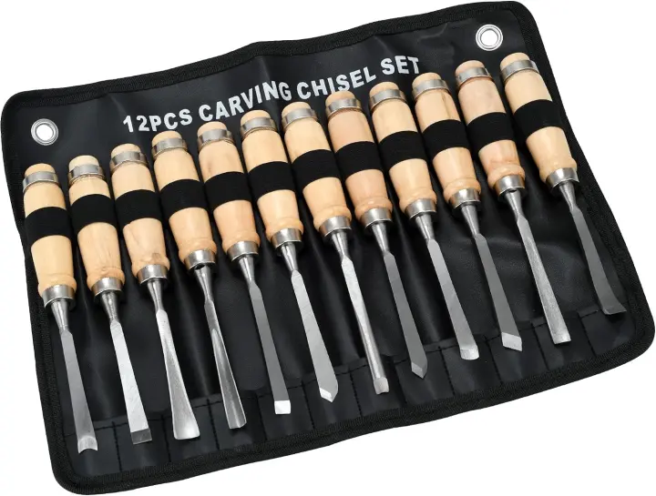12‑Piece Wood Carving Chisel Set with Leather Roll — Full‑Size Chisels