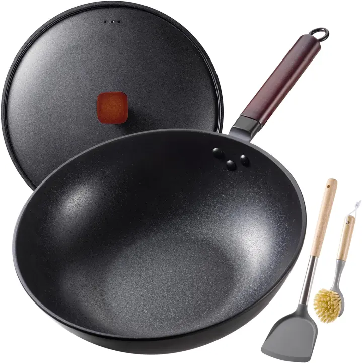 13" Carbon Steel Wok Set — Pre-Seasoned Flat-Bottom Stir-Fry Pan