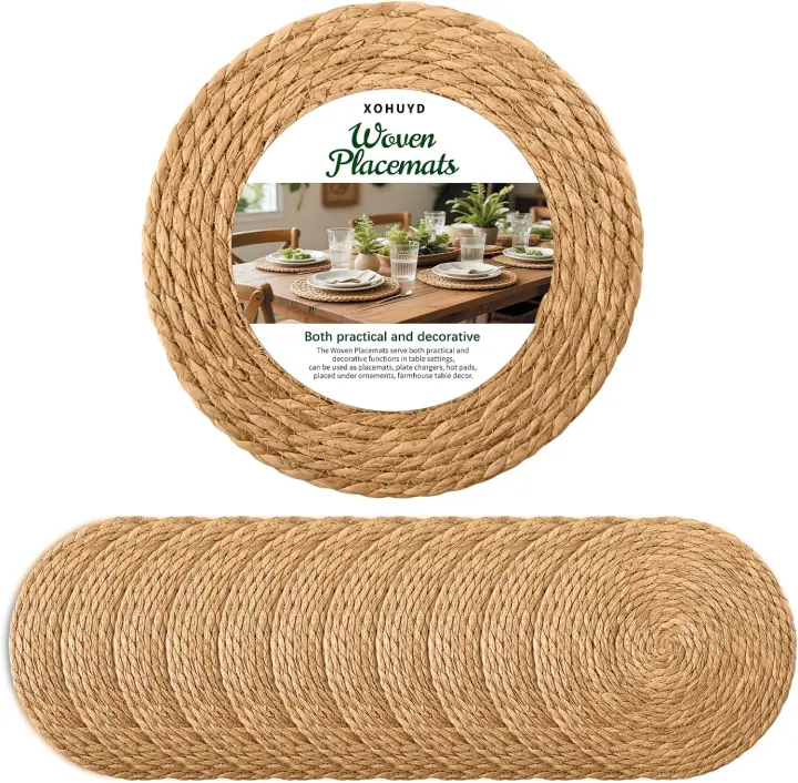 13" Round Woven Placemats — Set of 12 Natural Bulrush Chargers
