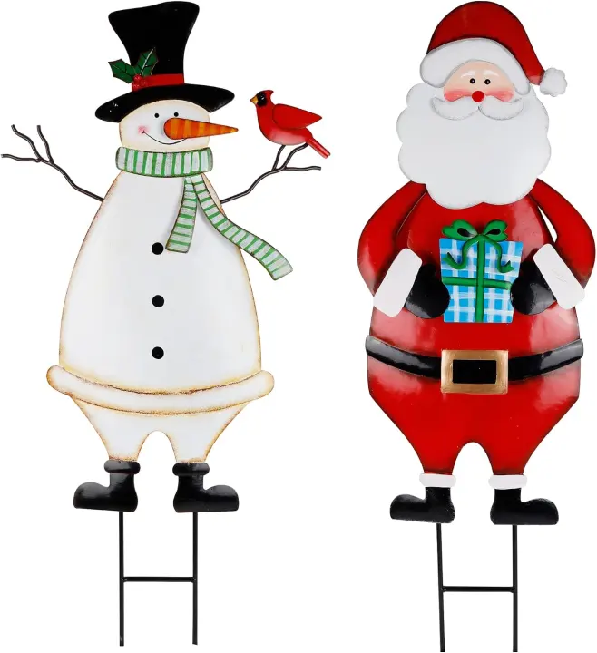 2-Pack 31.5-inch Metal Christmas Garden Stakes — Santa & Snowman