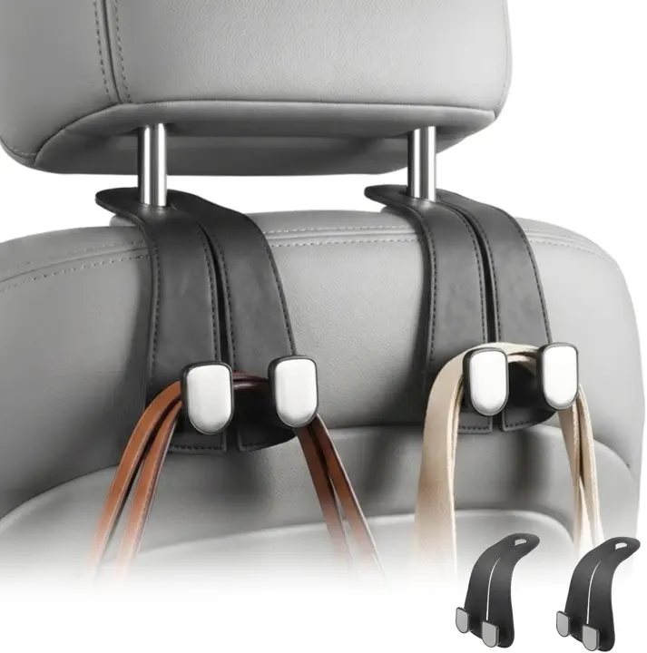 2-Pack Leather Headrest Hooks — Car Purse & Bag Hangers
