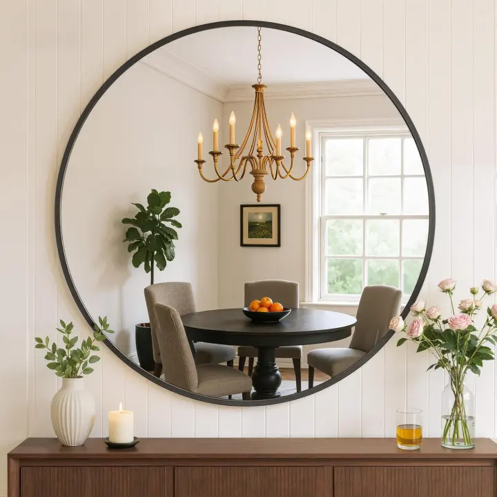24-Inch Round Bathroom Wall Mirror — Matte Black Tempered Glass
