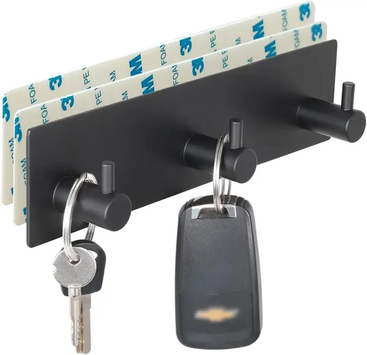 3-Hook Self-Adhesive Wall Key Rack — Black