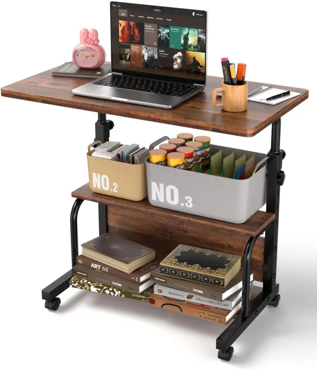 32-inch Portable Rolling Adjustable-Height Desk with Storage Shelves