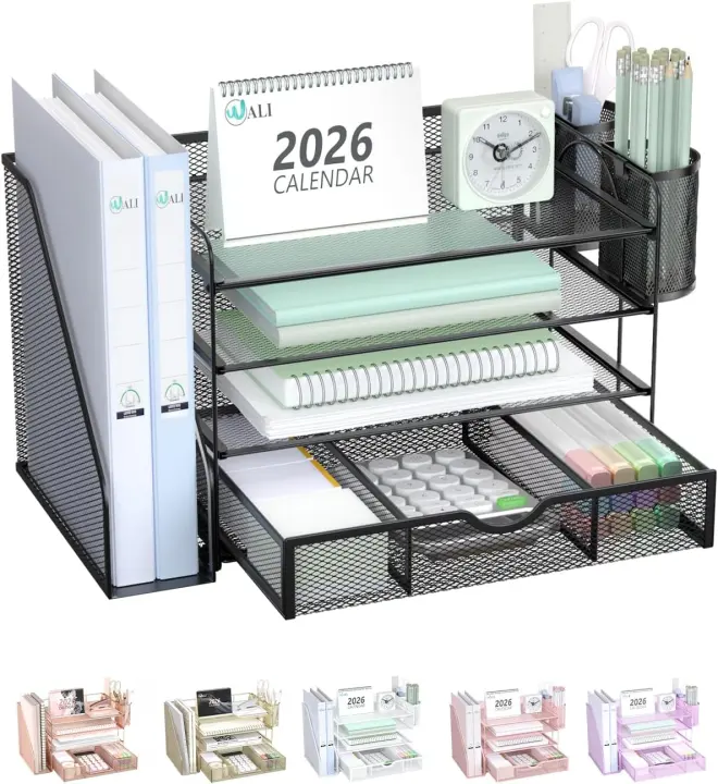4-Tier Desktop File Organizer with Sliding Drawer and Pen Cups