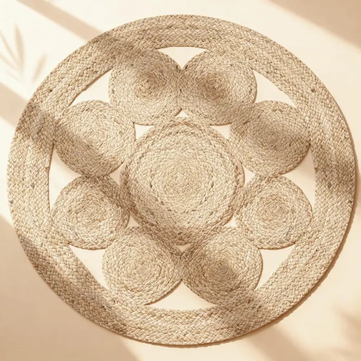 48-Inch Round Braided Jute Area Rug — Reversible Boho Natural Fiber