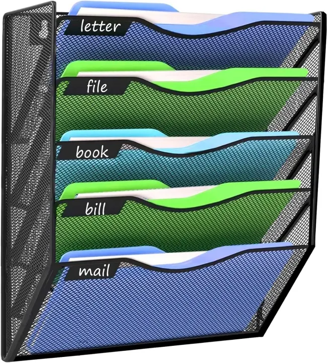 5-Pocket Metal Wall File Organizer — Hanging Magazine & Document Rack