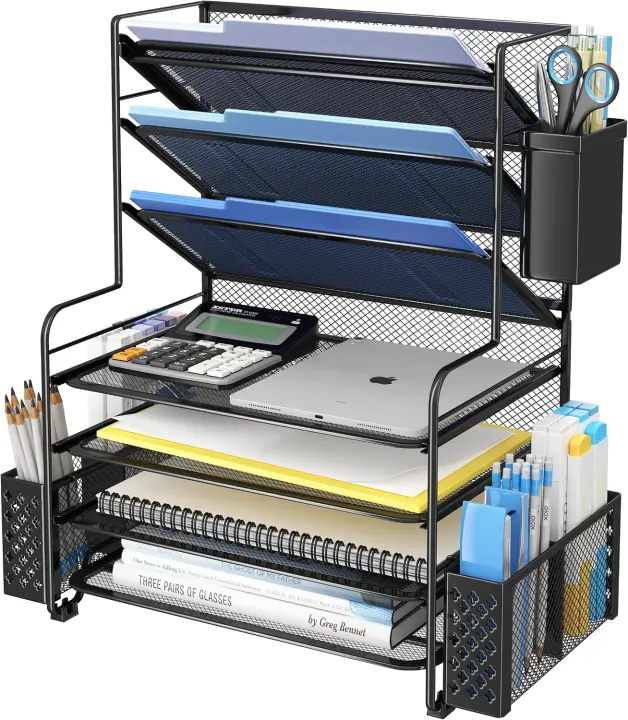 7-Tier Mesh Desk File Organizer with Pen Cup & Hanging Basket