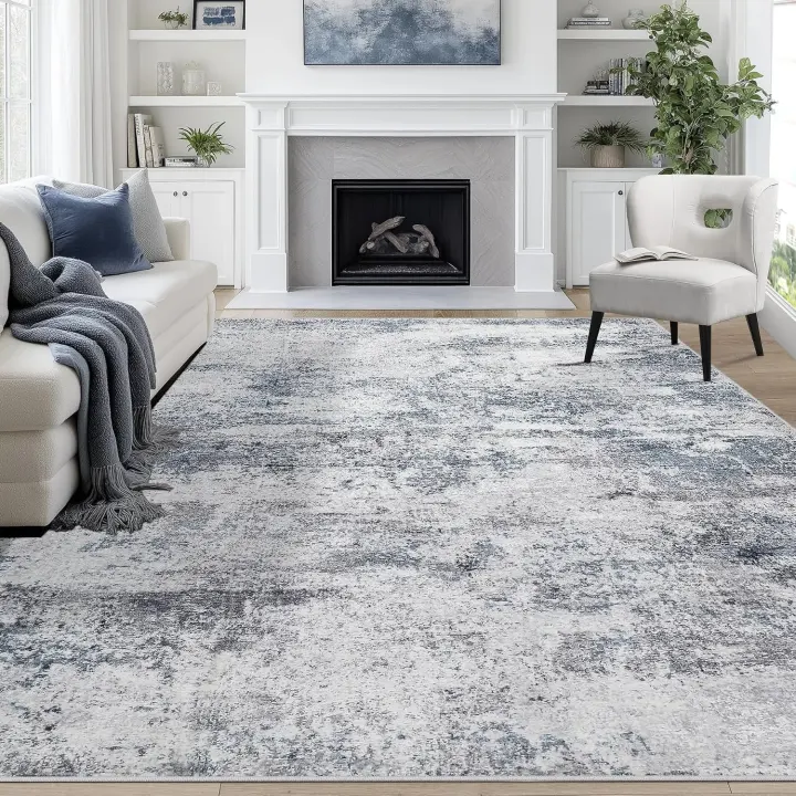 8x10 Washable Area Rug — Blue-Grey Low-Pile, Non-Slip