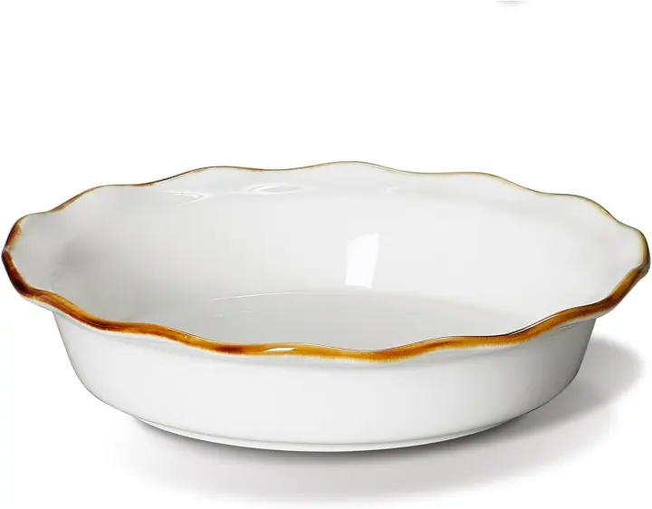 9-Inch Ceramic Deep Pie Dish with Brown Fluted Rim — Oven-Safe