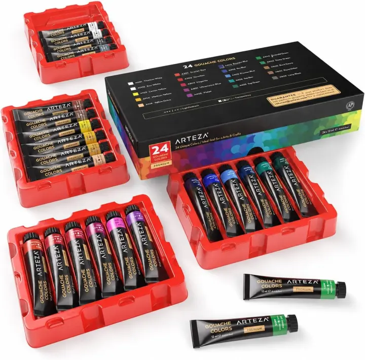 ARTEZA 24-Color Gouache Paint Set — 0.4 fl oz (12 ml) Tubes, Opaque Matte