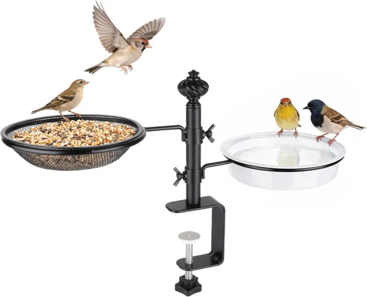 Balcony Railing Bird Feeder — 2-Tray Mesh & Bath Feeder, Black Metal