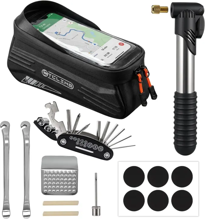 Bike Phone Frame Bag with Repair Kit — Pump, 16-in-1 Multitool
