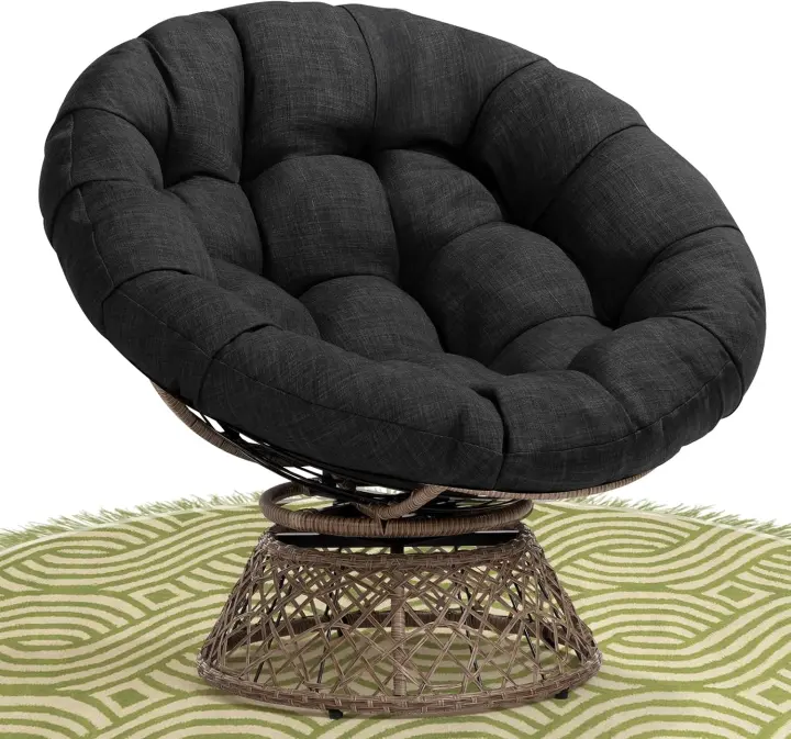 Bme 40-inch Wicker Papasan Chair — 360° Swivel, Onyx Stone