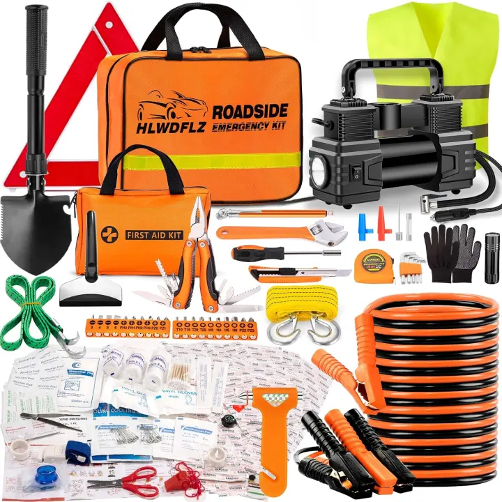 Car Emergency Kit with 12V Portable Air Compressor & Roadside Tools