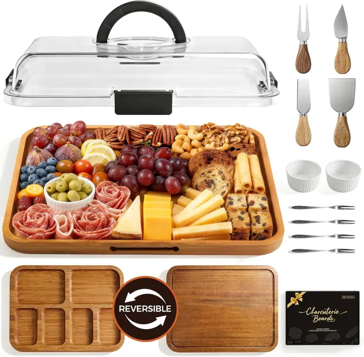 Carbonized Bamboo Dual-Sided Charcuterie Board Set with Lid & Utensils