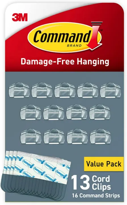 Clear Cable Clips — 13 Clips with 16 Adhesive Strips (Damage-Free)