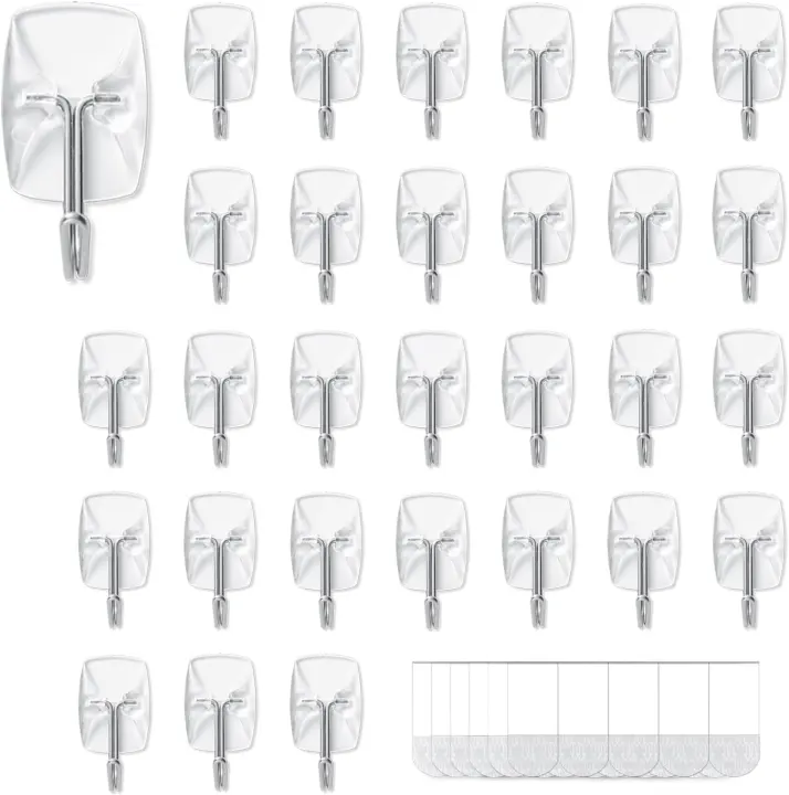 Clear Removable Wall Hooks — 30 Hooks + 40 Adhesive Strips (Small)