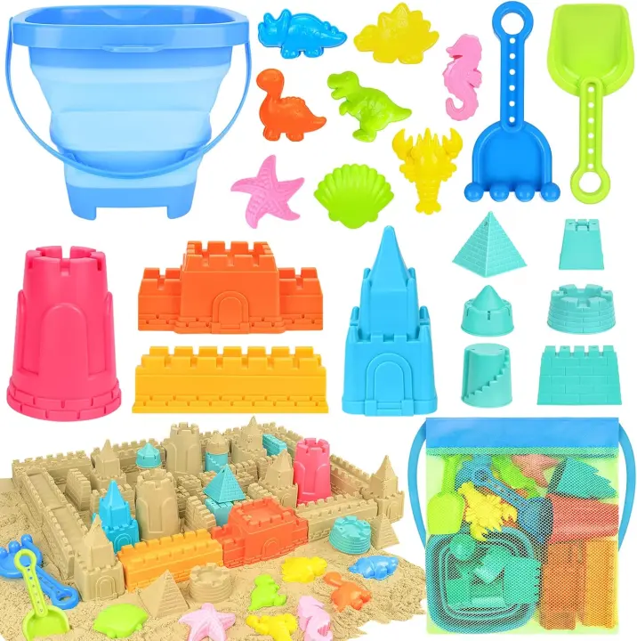 Collapsible Beach Toy Set — Silicone Bucket, Castle & Dino Molds