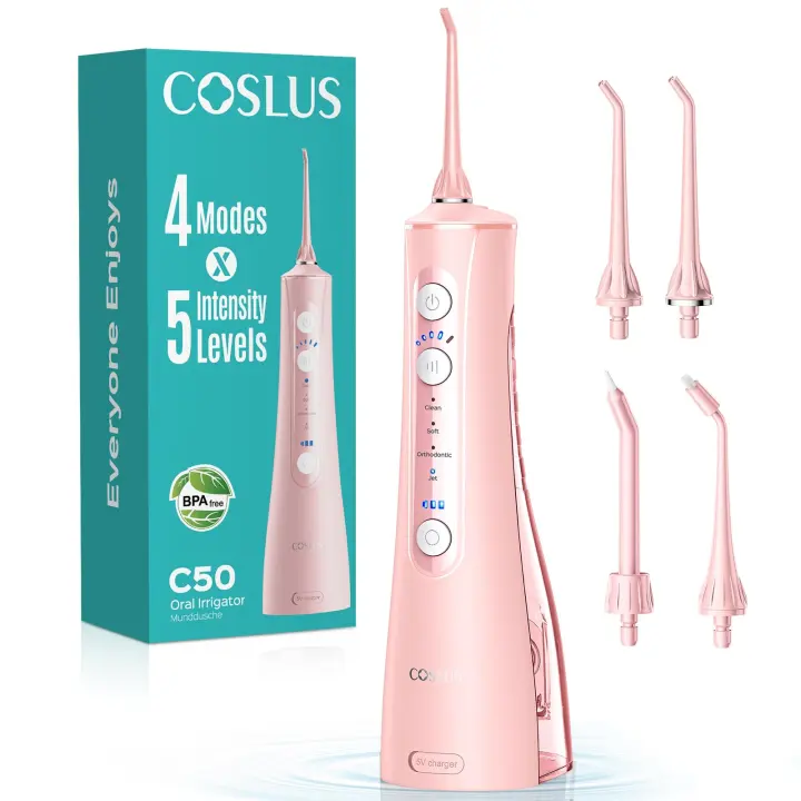 COSLUS C50 Cordless Water Flosser — 4 Modes, 5 Intensities (Pink)