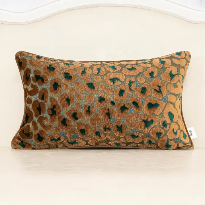 Cut Velvet 12 x 20 Lumbar Throw Pillow Cover — Floral Green-Brown