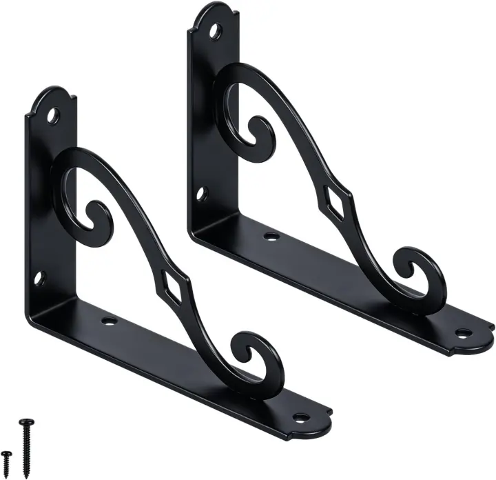 Decorative Metal Shelf Brackets 5 x 3.5 in, Black — 2-Pack, Heavy-Duty L Supports