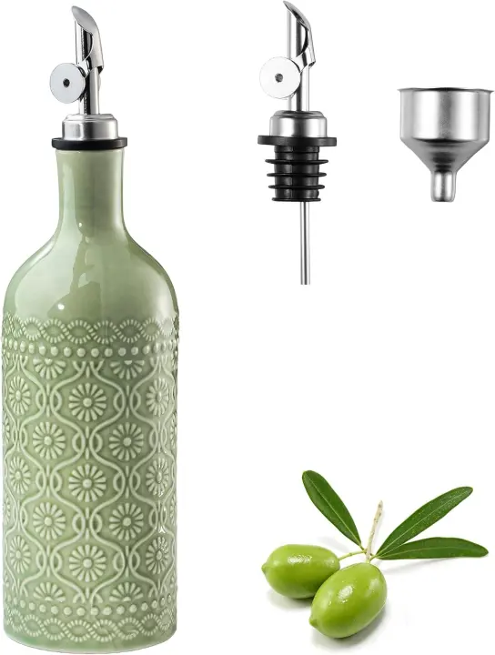 Embossed Ceramic 18 oz Olive Oil Dispenser with Funnel