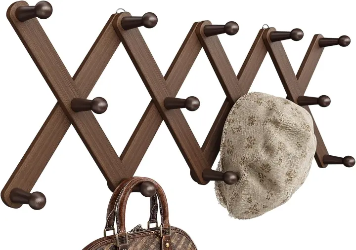 Expandable Wooden Accordion Wall Rack — 14-Hook Coat & Hat Hanger