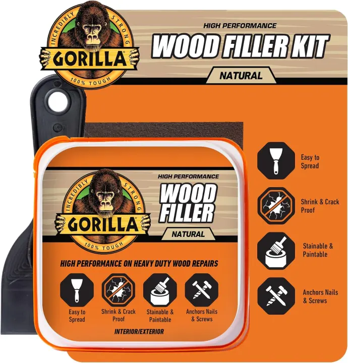 Gorilla All-Purpose Wood Filler Kit — 8oz Tub with Putty Knife & Sand Block