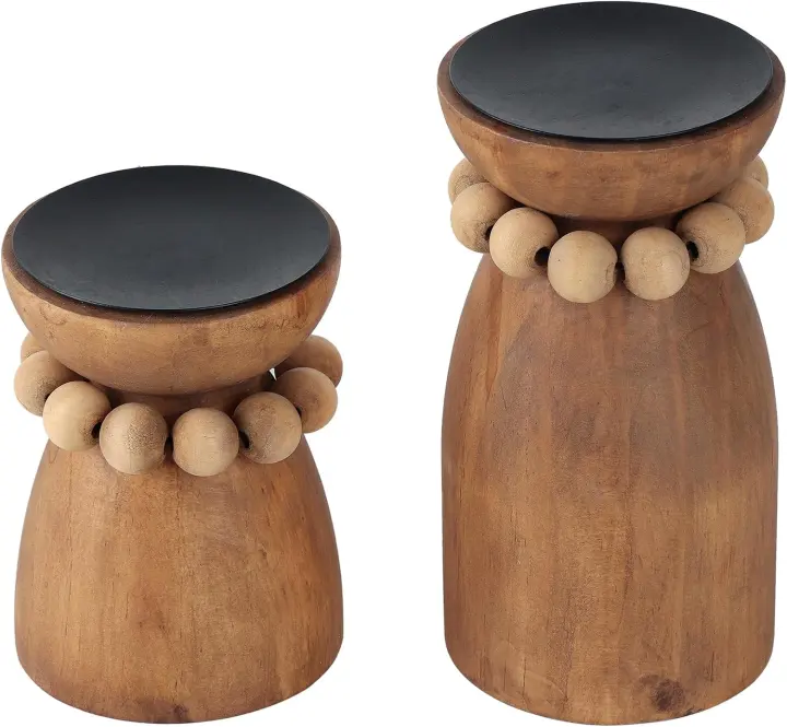 Handmade Farmhouse Beaded Wooden Pillar Candle Holders — Set of 2