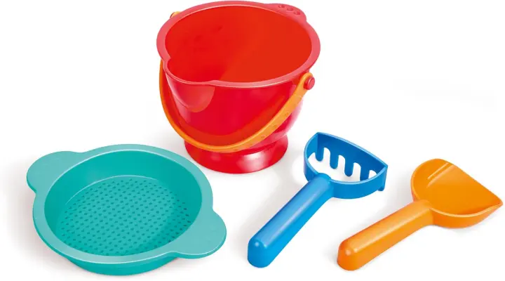 Hape Beach Basics Sand Play Set — Bucket, Sifter, Rake & Shovel