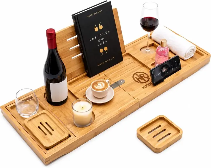 HAVNOR Bamboo Expandable Bathtub Caddy — Adjustable Tub Tray 27.6–41.3 in