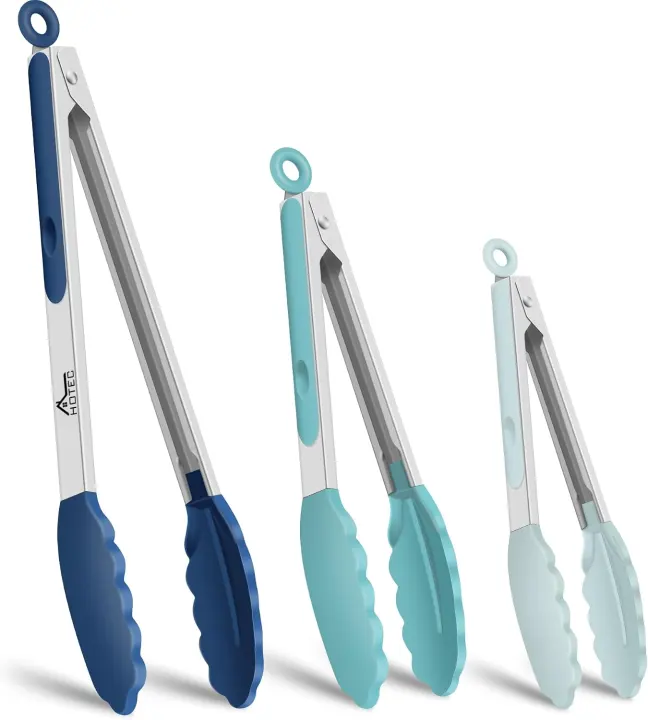 HOTEC Stainless Steel Kitchen Tongs Set — 3 Silicone-Tipped Sizes