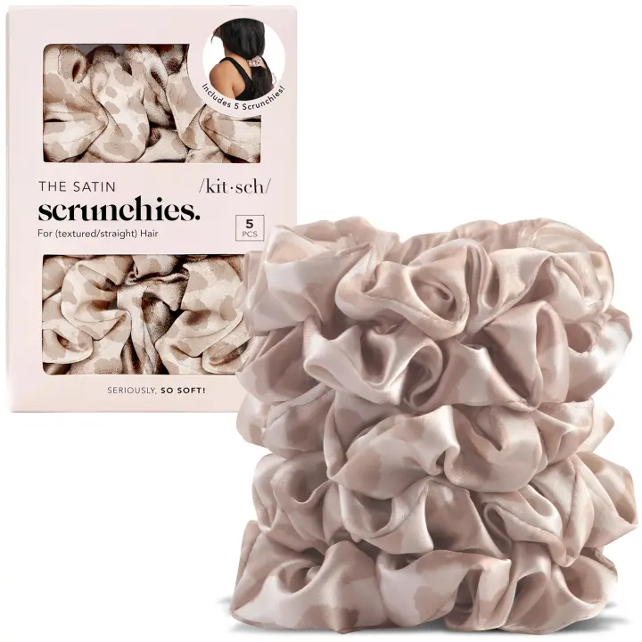 Leopard-Print Satin Hair Scrunchies — Pack of 5, Frizz-Reducing