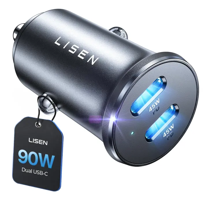 LISEN 90W Dual USB-C Car Charger — 45W PD Fast Charging Adapter
