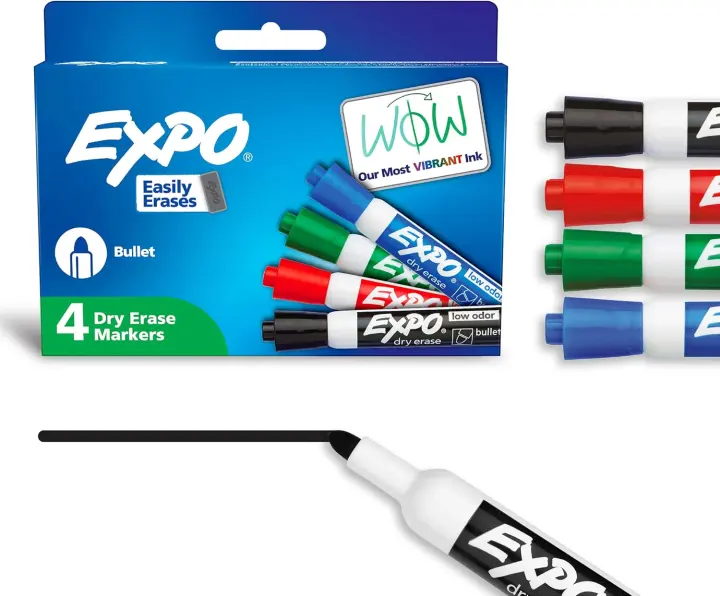 Low-Odor Bullet Dry Erase Markers — 4-Color Whiteboard Set
