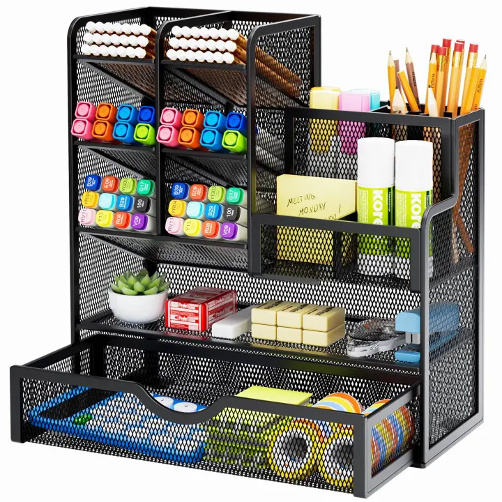 Marbrasse Mesh Desk Organizer with Drawer — Multifunctional Pen Caddy
