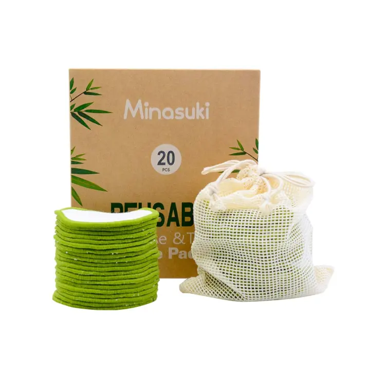 Minasuki Bamboo Reusable Makeup Remover Pads — 20 Washable Cotton Rounds