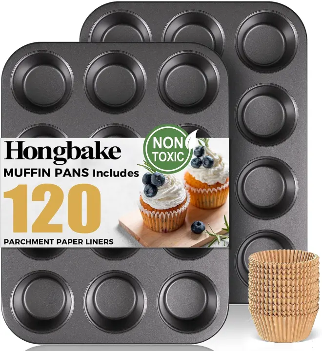 Nonstick 12-Cup Muffin Pan Set with 120 Parchment Liners — 2-Pack (Carbon Steel)
