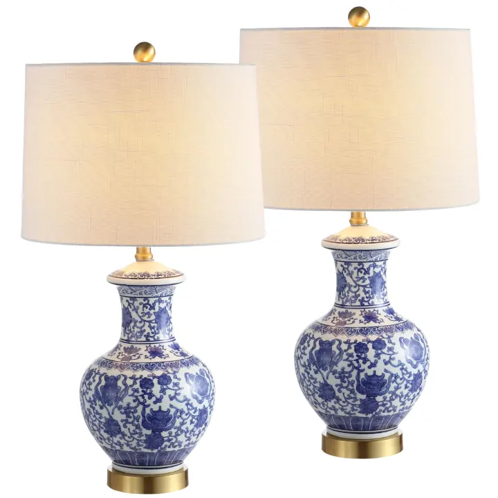 Pair of Blue-and-White Ceramic Ginger Jar Table Lamps with Brass Bases, 25.25 in