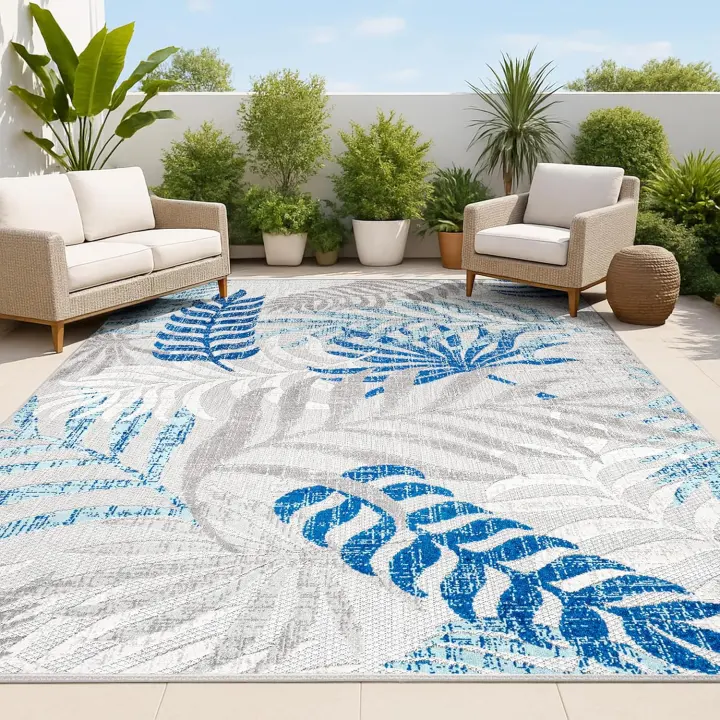Palm Frond Indoor/Outdoor Area Rug — 8 x 10 Flatweave (Gray/Blue)