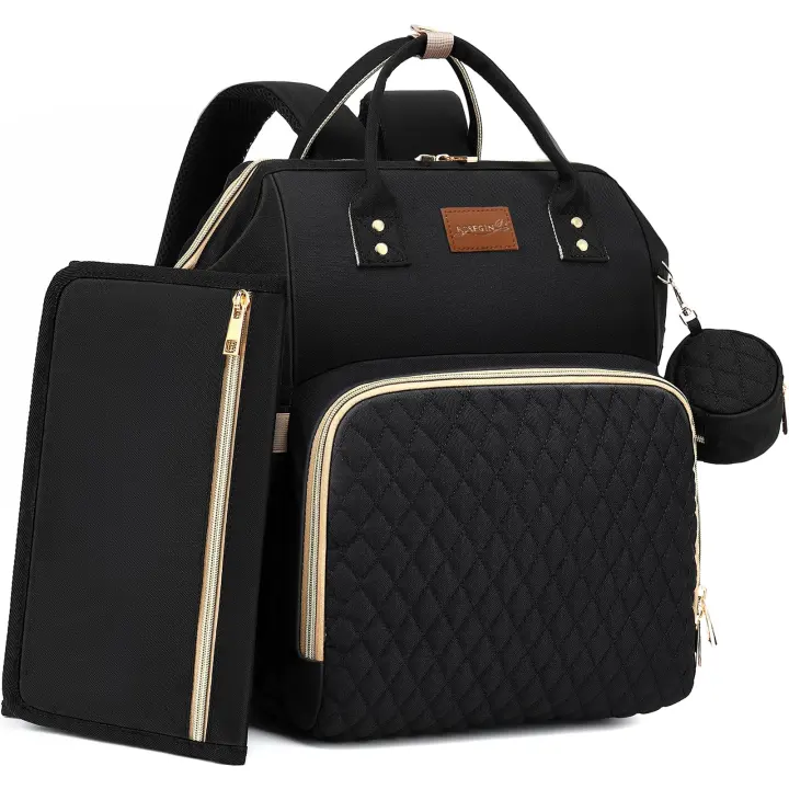 Quilted Waterproof Diaper Backpack — Large Travel Baby Bag with Changing Pad