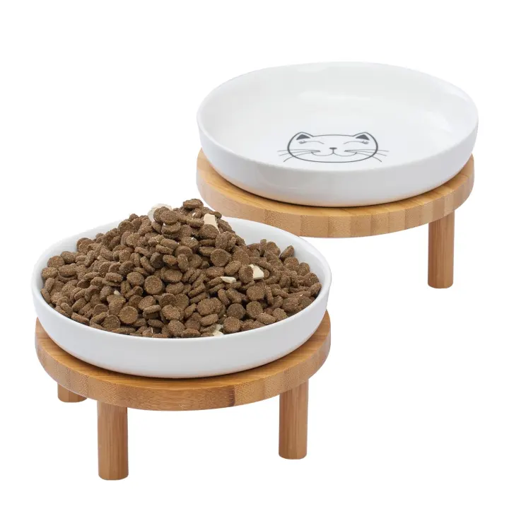 Raised Shallow Ceramic Cat Bowls with Bamboo Stand — Set of 2