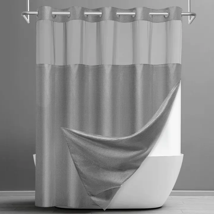 Ringless Waffle Shower Curtain Set with Snap-In Liner, 71 x 74 in, Gray