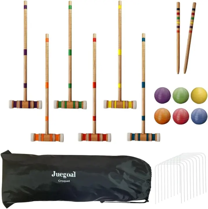 Six-Player Wooden Croquet Set with Colorful Balls and Carry Bag