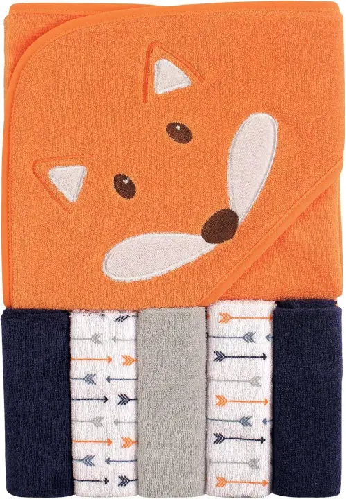 Unisex Baby Hooded Towel with Five Washcloths — Fox Design, One Size