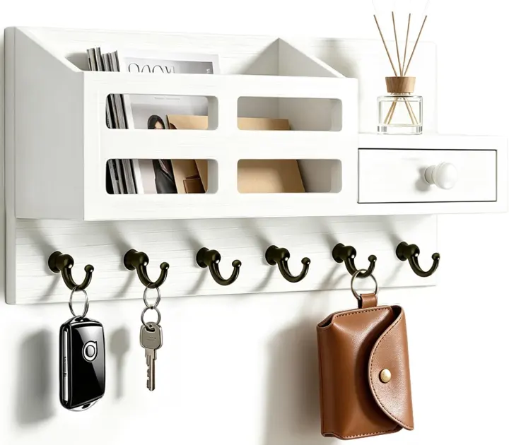 Wall Key & Mail Organizer with Drawer and Multiple Hooks