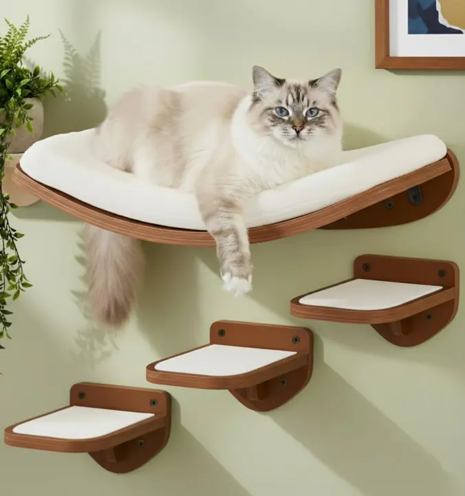 Walnut Floating Cat Wall Shelves with Curved Bed & Steps