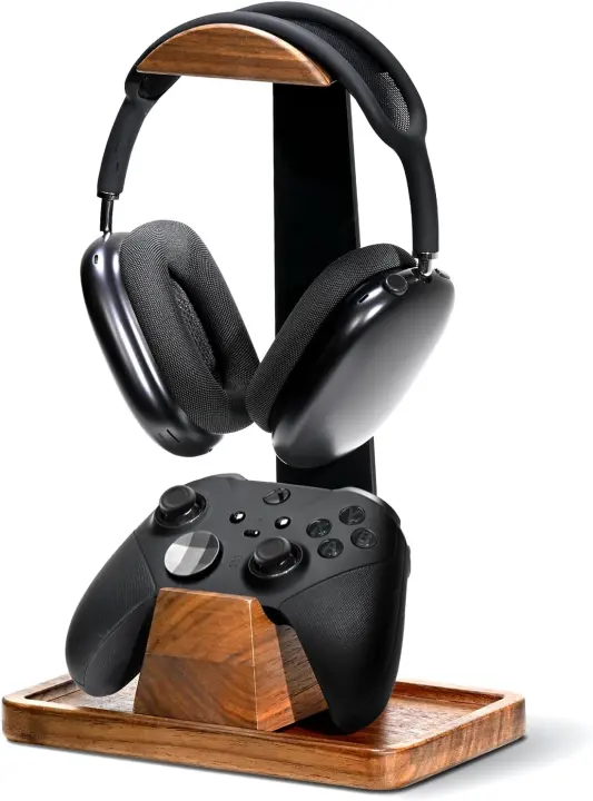 Walnut Headphone Stand with Controller Dock & Hidden Storage — Desk Mount